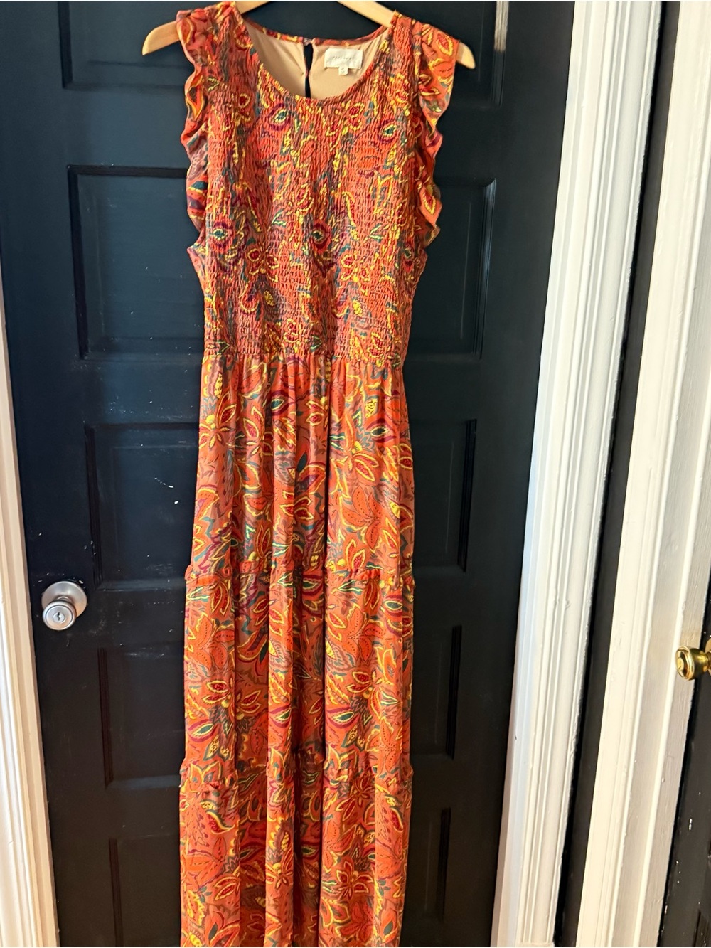 MELLODAY Orange Floral Maxi Dress with Smocked Bodice